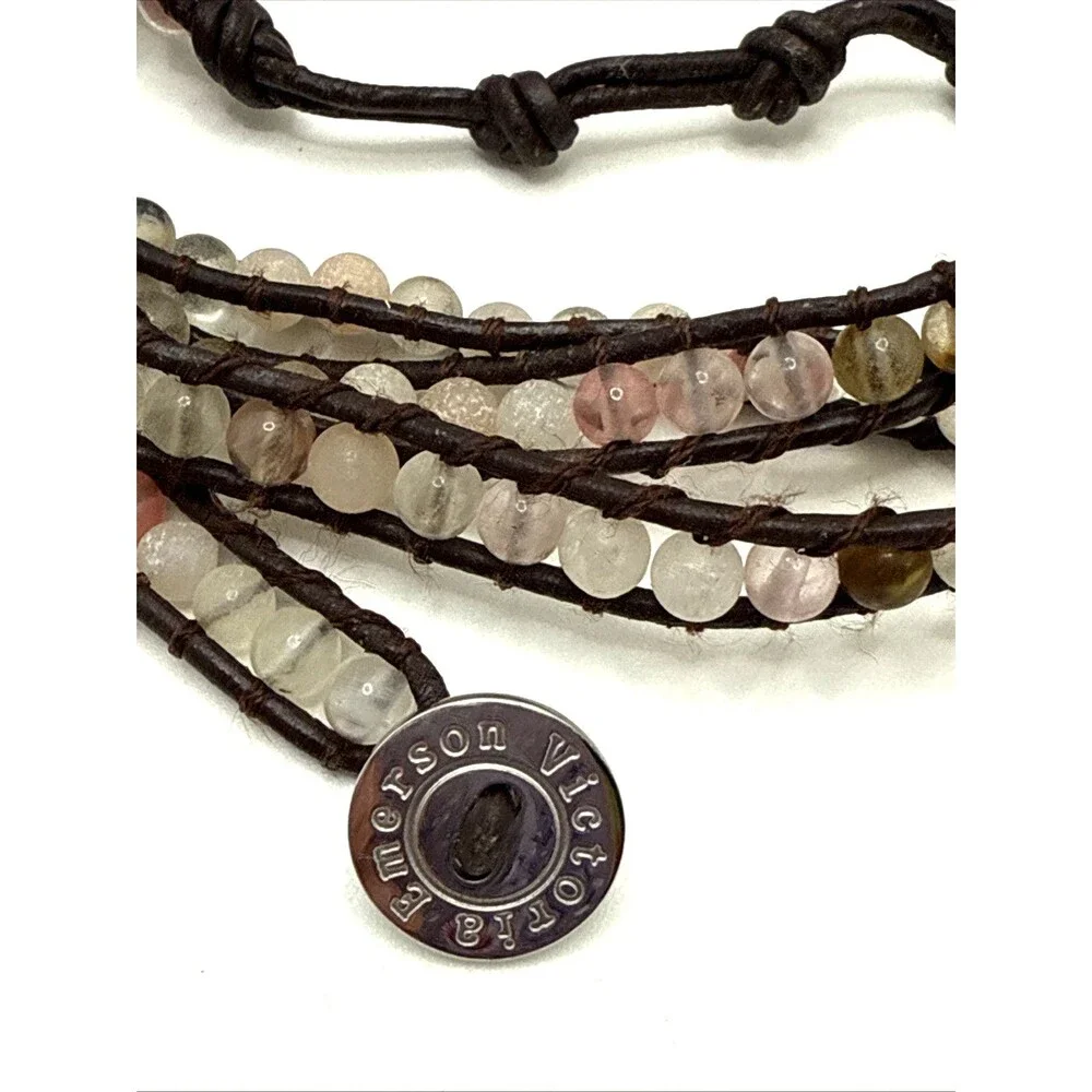 Victoria Emerson Wrap Bracelet Brown Leather Multicolor Stone Beaded Boho 33-36